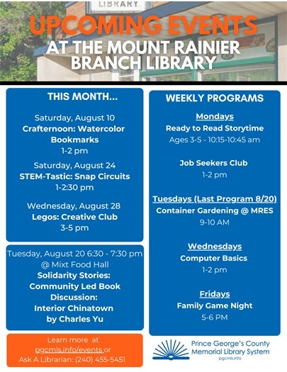 Mount Rainier Library Events (August)