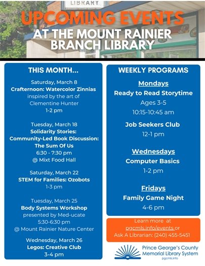 Mount Rainier Library Branch March Events