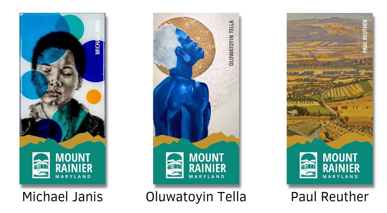 Banners featuring artwork by Michael Janis, Oluwatoyin Tella, and Paul Reuther